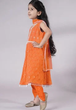 Embroidered Georgette A Line Suit in Orange