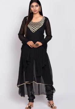 Embroidered Georgette A Line Suit in Black