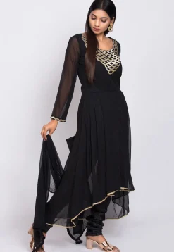 Embroidered Georgette A Line Suit in Black