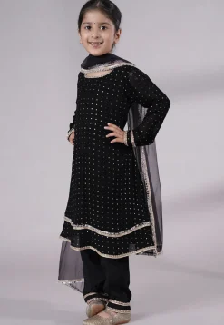 Embroidered Georgette A Line Suit in Black