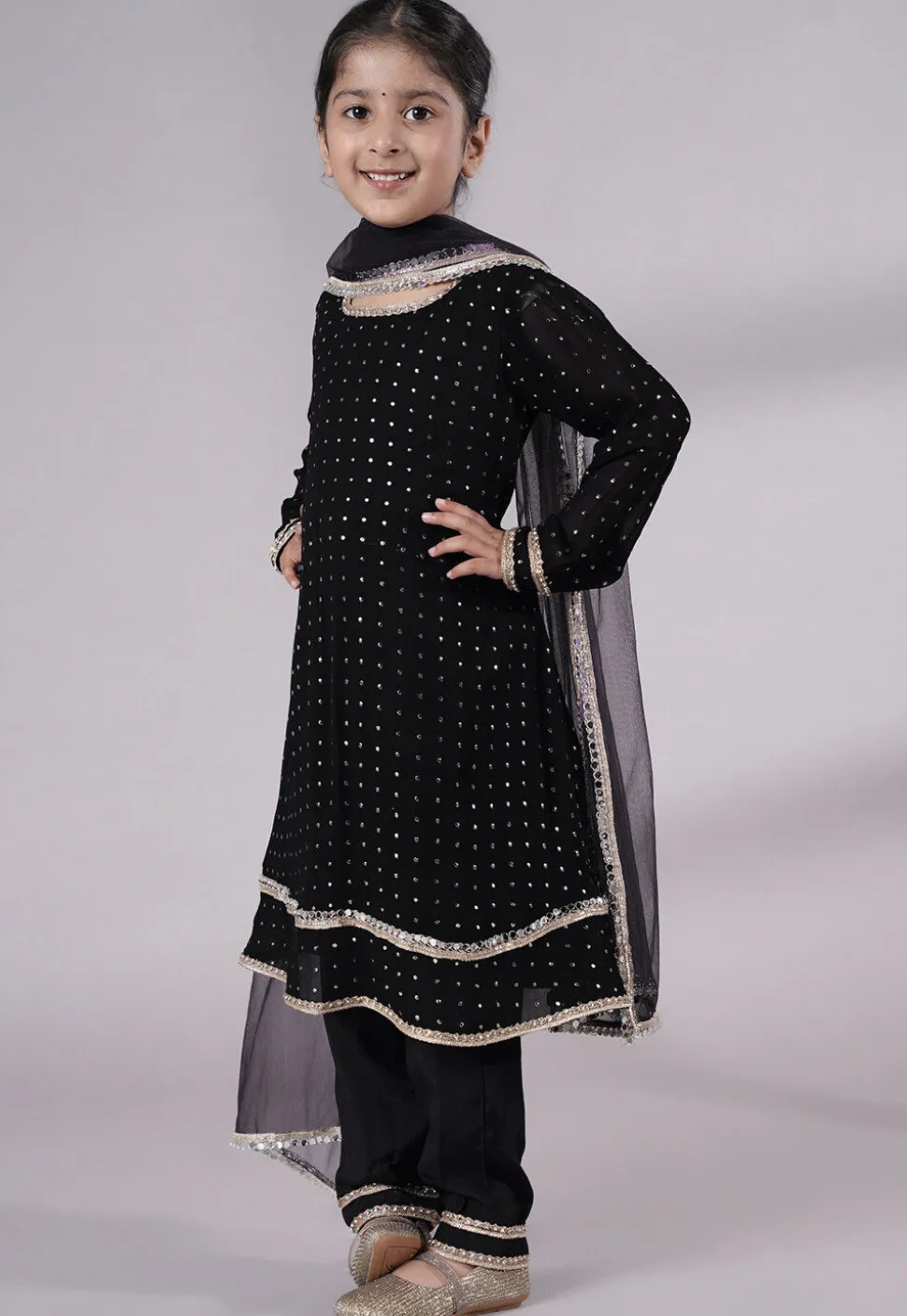 Embroidered Georgette A Line Suit in Black