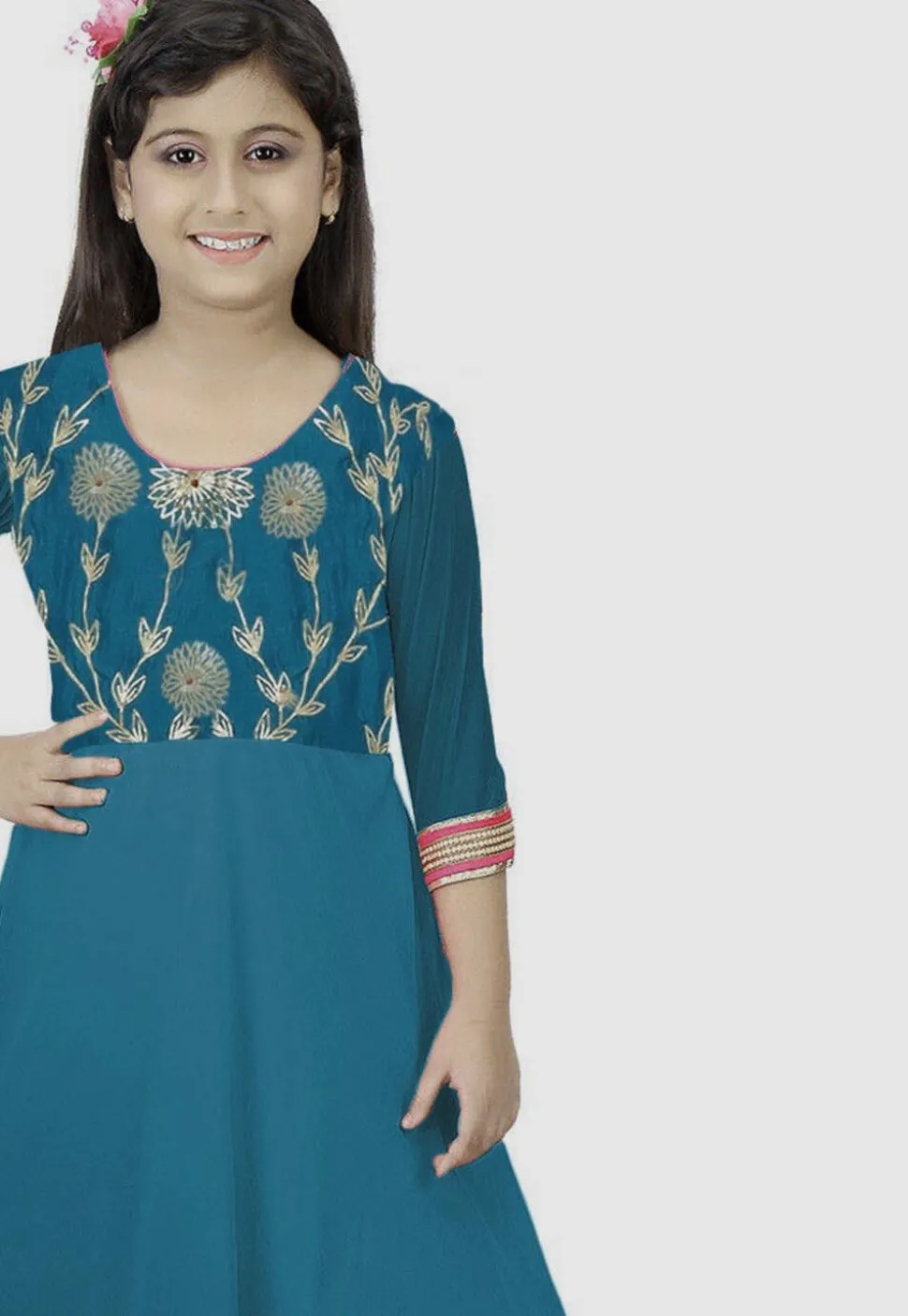 Embroidered Georgette A Line Kurta Set in Teal Blue