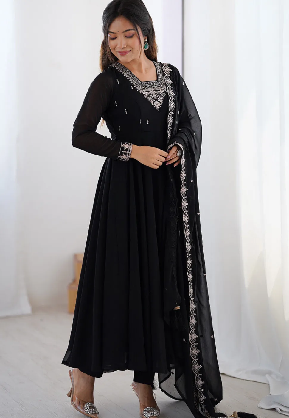 Embroidered Georgette A Line Suit in Black