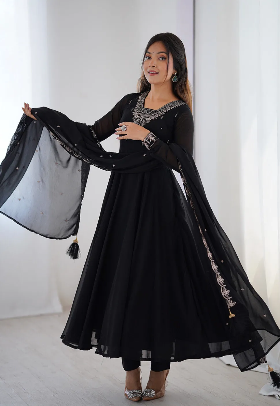 Embroidered Georgette A Line Suit in Black