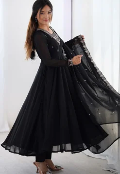 Embroidered Georgette A Line Suit in Black