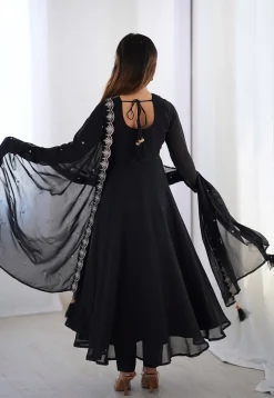 Embroidered Georgette A Line Suit in Black