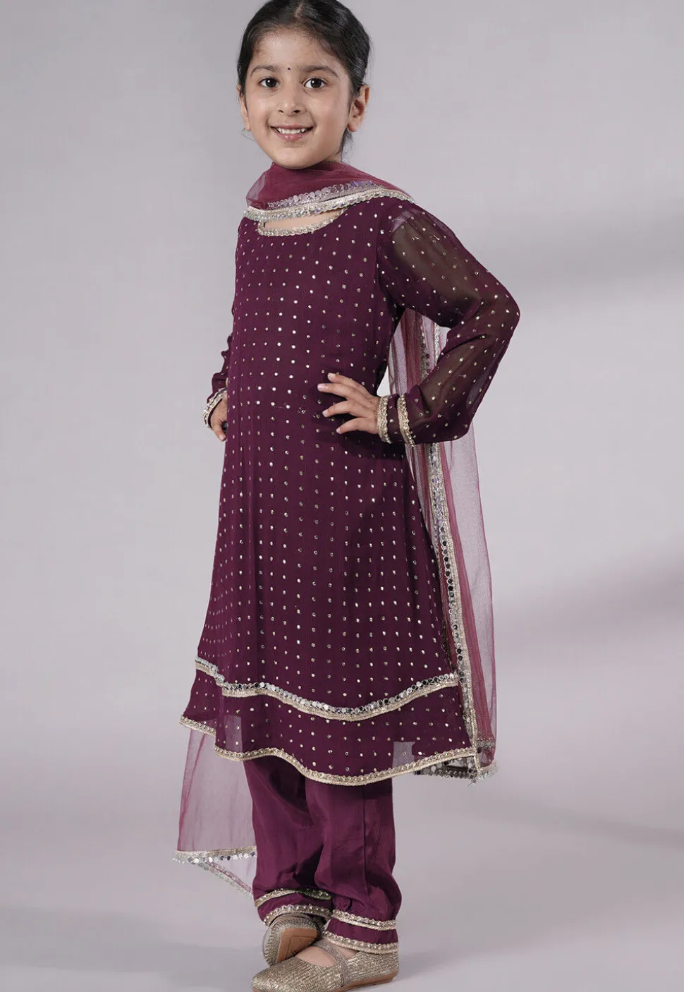 Embroidered Georgette A Line Suit in Wine