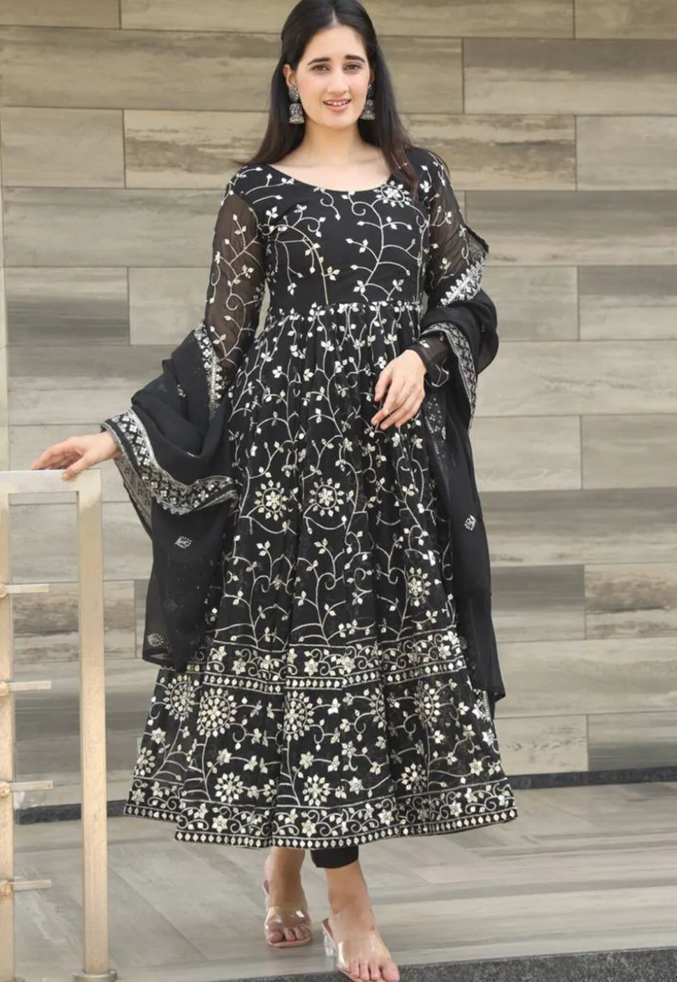 Embroidered Georgette A Line Suit in Black
