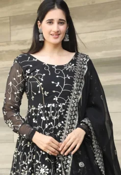 Embroidered Georgette A Line Suit in Black