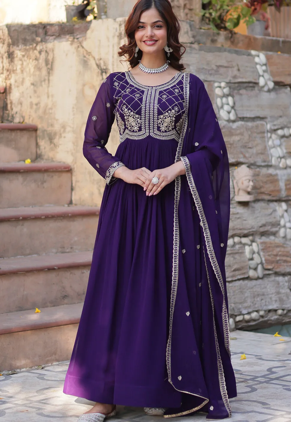 Embroidered Georgette Abaya Style Suit in Purple