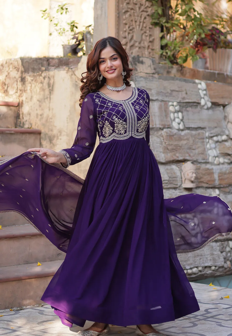 Embroidered Georgette Abaya Style Suit in Purple
