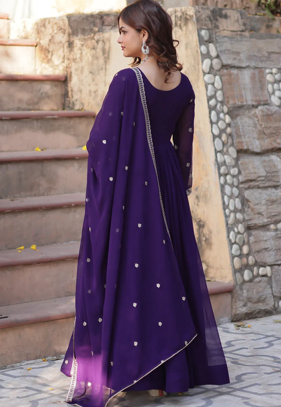 Embroidered Georgette Abaya Style Suit in Purple