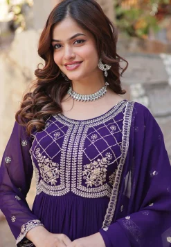 Embroidered Georgette Abaya Style Suit in Purple