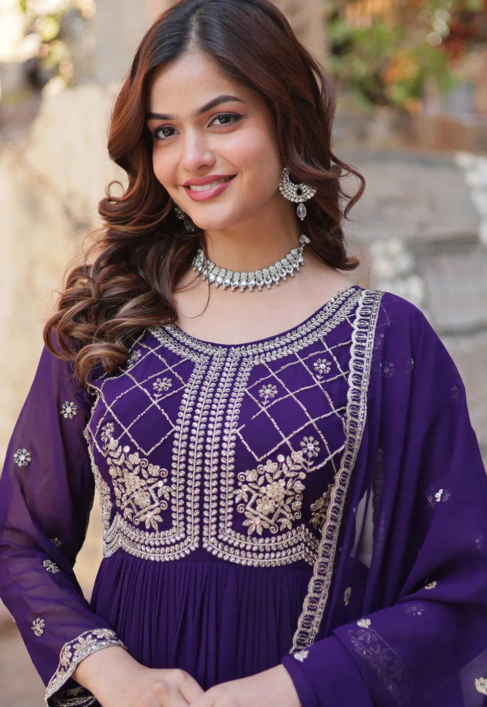 Embroidered Georgette Abaya Style Suit in Purple