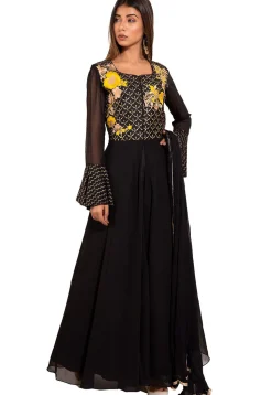 Embroidered Georgette Abaya Style Suit in Black