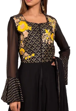 Embroidered Georgette Abaya Style Suit in Black