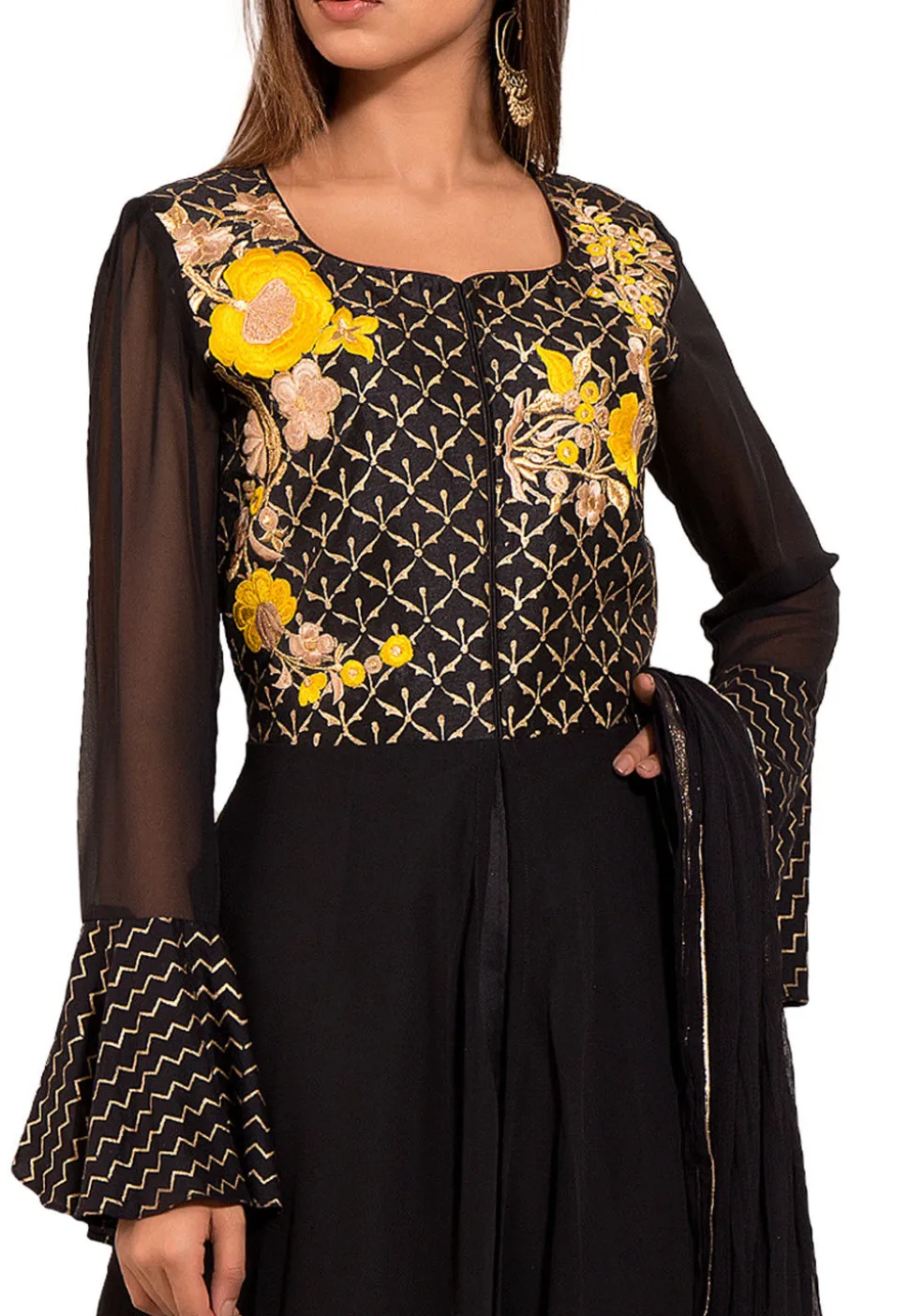 Embroidered Georgette Abaya Style Suit in Black