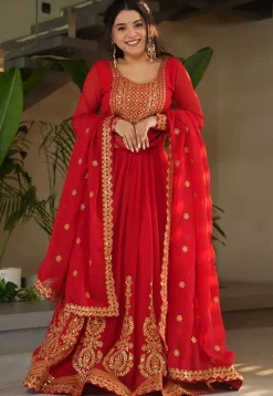 Embroidered Georgette Abaya Style Suit in Red