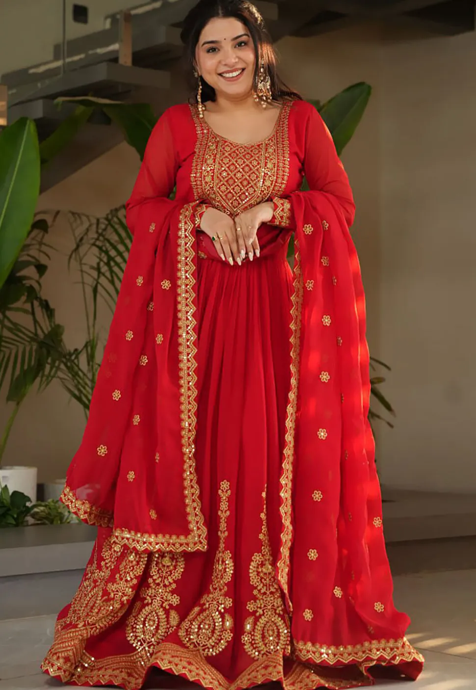 Embroidered Georgette Abaya Style Suit in Red