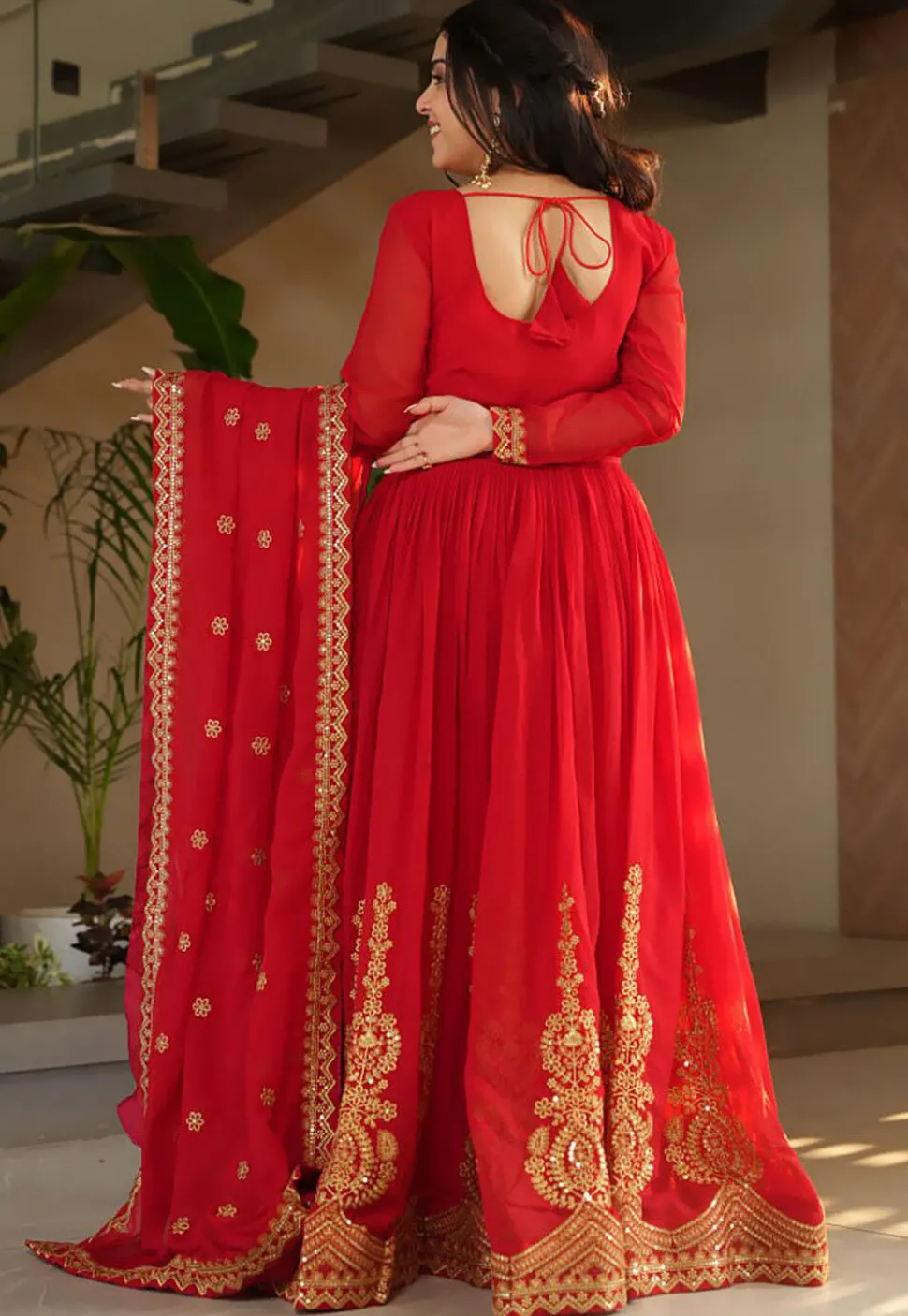 Embroidered Georgette Abaya Style Suit in Red