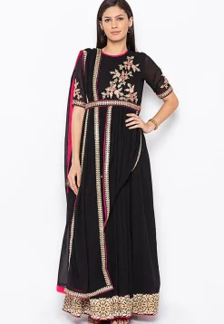 Embroidered Georgette Abaya Style Suit in Black