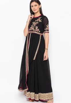 Embroidered Georgette Abaya Style Suit in Black