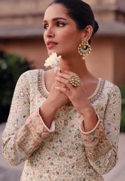 Embroidered Georgette Abaya Style Suit in Light Beige