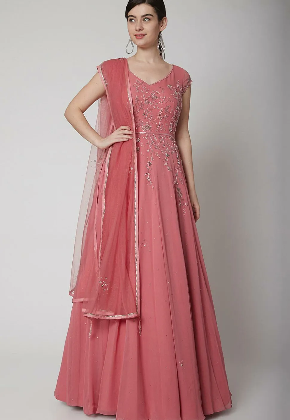 Embroidered Georgette Abaya Style Suit in Old Rose