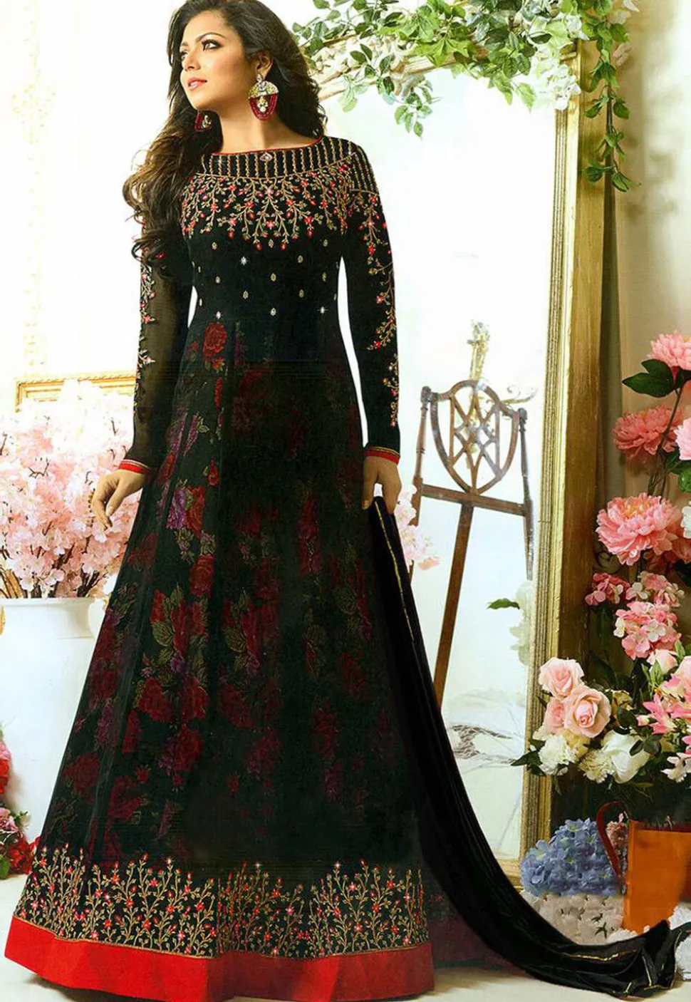 Embroidered Georgette Abaya Style Suit in Black