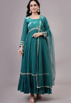 Embroidered Georgette Abaya Style Suit in Teal Blue