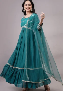 Embroidered Georgette Abaya Style Suit in Teal Blue