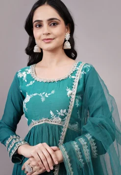 Embroidered Georgette Abaya Style Suit in Teal Blue
