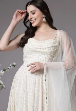 Embroidered Georgette Abaya Style Suit in Off White