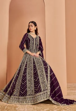 Embroidered Georgette Abaya Style Suit in Purple