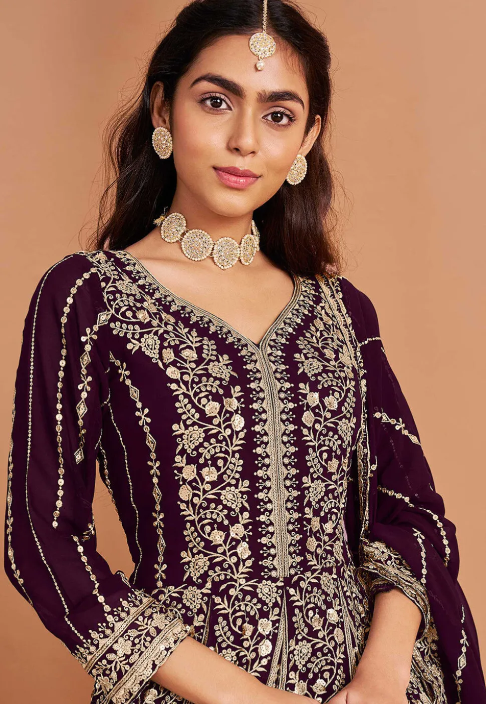Embroidered Georgette Abaya Style Suit in Purple