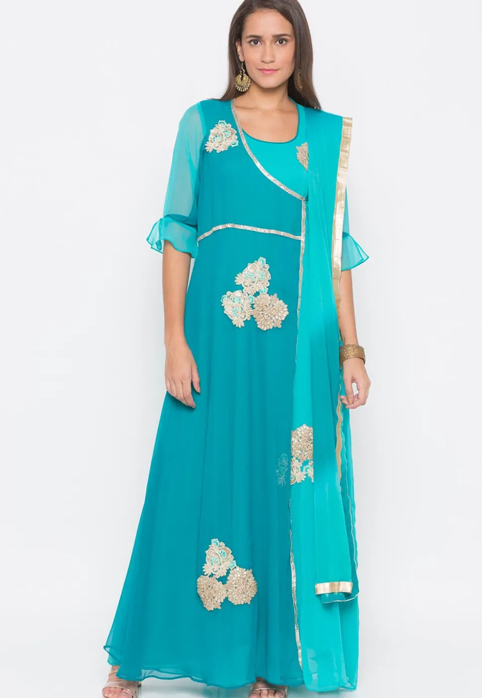 Embroidered Georgette Abaya Style Suit in Turquoise