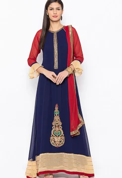 Embroidered Georgette Abaya Style Suit in Navy Blue