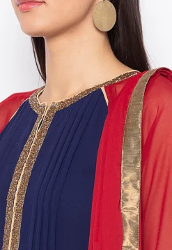 Embroidered Georgette Abaya Style Suit in Navy Blue
