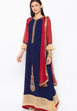 Embroidered Georgette Abaya Style Suit in Navy Blue