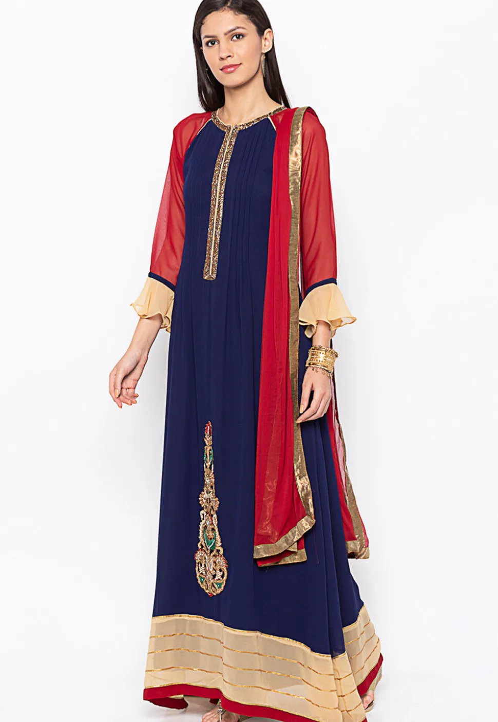 Embroidered Georgette Abaya Style Suit in Navy Blue