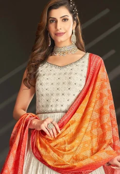 Embroidered Georgette Abaya Style Suit in Off White