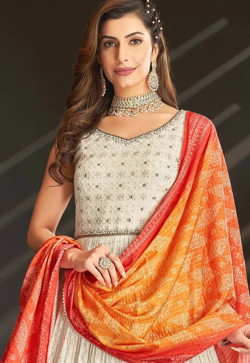 Embroidered Georgette Abaya Style Suit in Off White