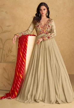 Embroidered Georgette Abaya Style Suit in Beige
