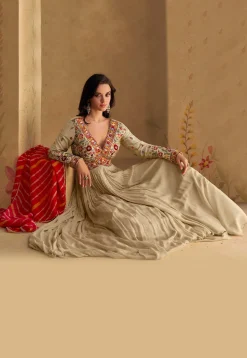 Embroidered Georgette Abaya Style Suit in Beige