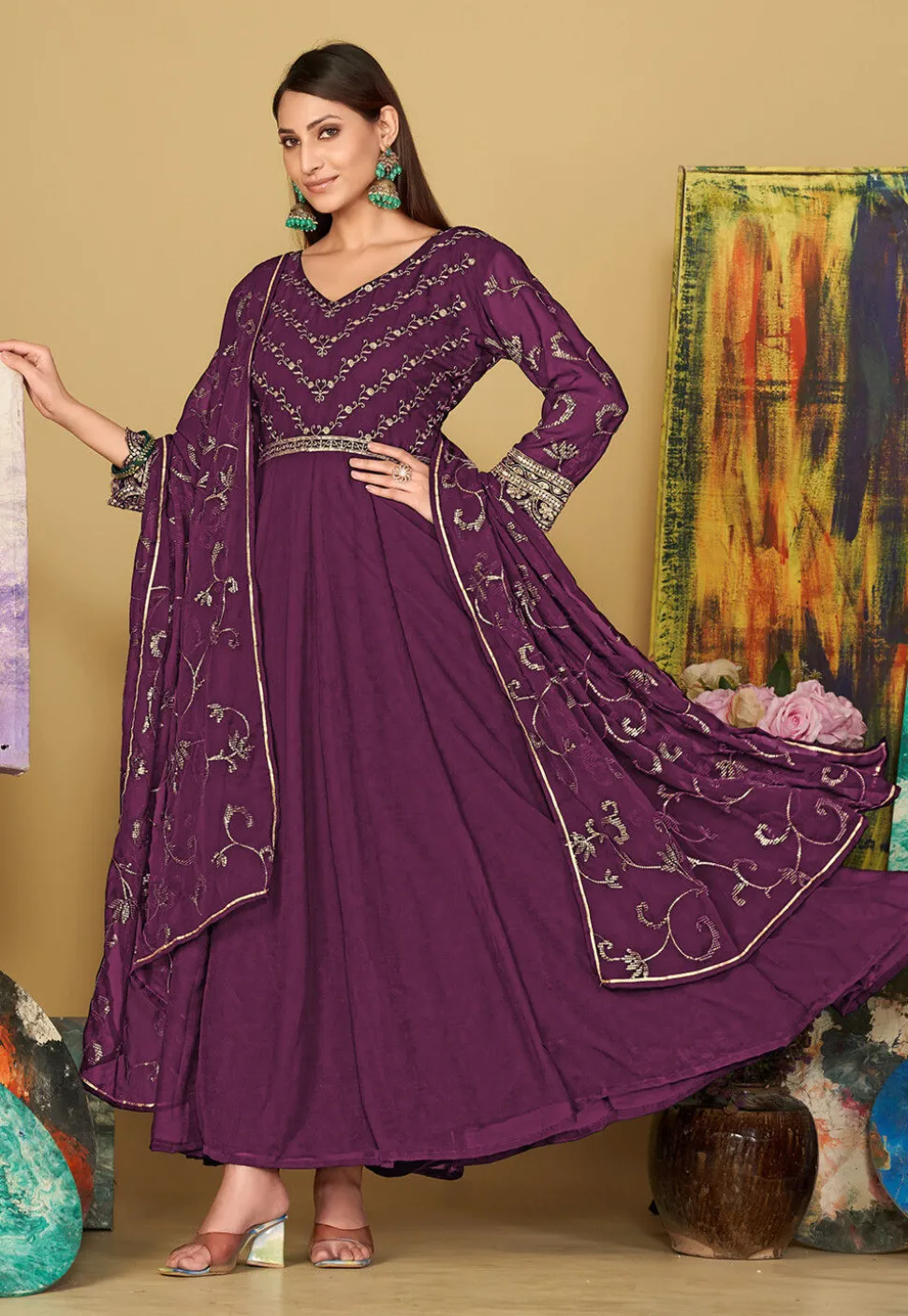Embroidered Georgette Abaya Style Suit in Purple