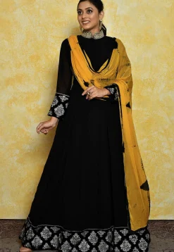Embroidered Georgette Abaya Style Suit in Black