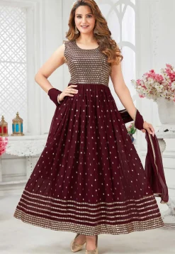 Embroidered Georgette Abaya Style Suit in Maroon