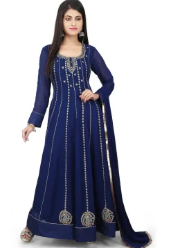 Embroidered Georgette Abaya Style Suit in Blue