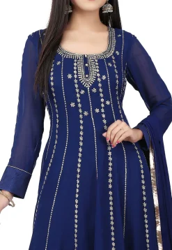 Embroidered Georgette Abaya Style Suit in Blue