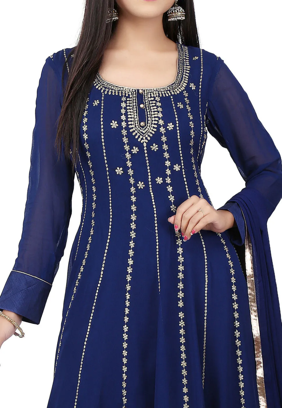 Embroidered Georgette Abaya Style Suit in Blue